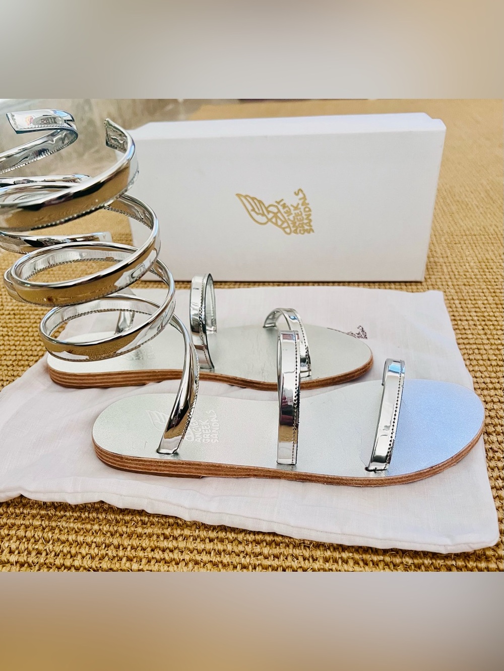 Ancient Greek Sandals Silver Metallic Strappy Flat Gladiator Sandals
